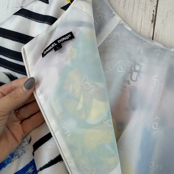 Samuel Dong Multicolor Funky Abstract Print Fitted Mini Dress Pockets Size Large - Picture 12 of 16